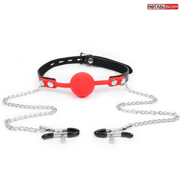 Кляп с зажимами на соски "Notabu" красный 